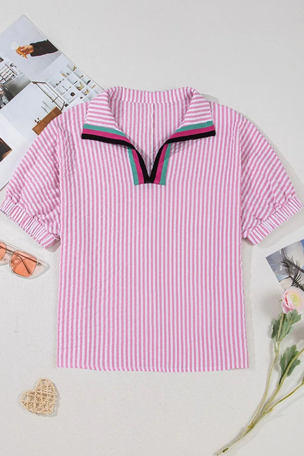 Striped Print Contrast Split Neck Dolman Sleeve Blouse OutfitFlow