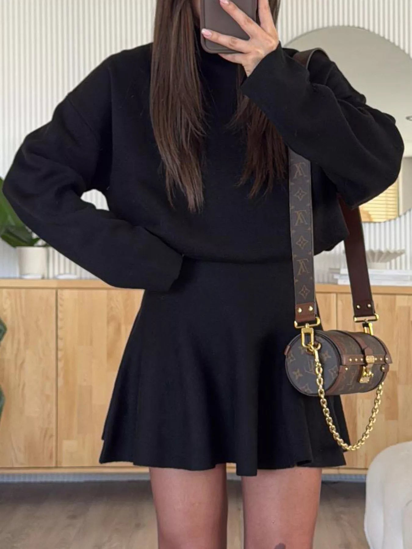 Round Neck Long Sleeve Mini Sweater Dress Black OutfitFlow