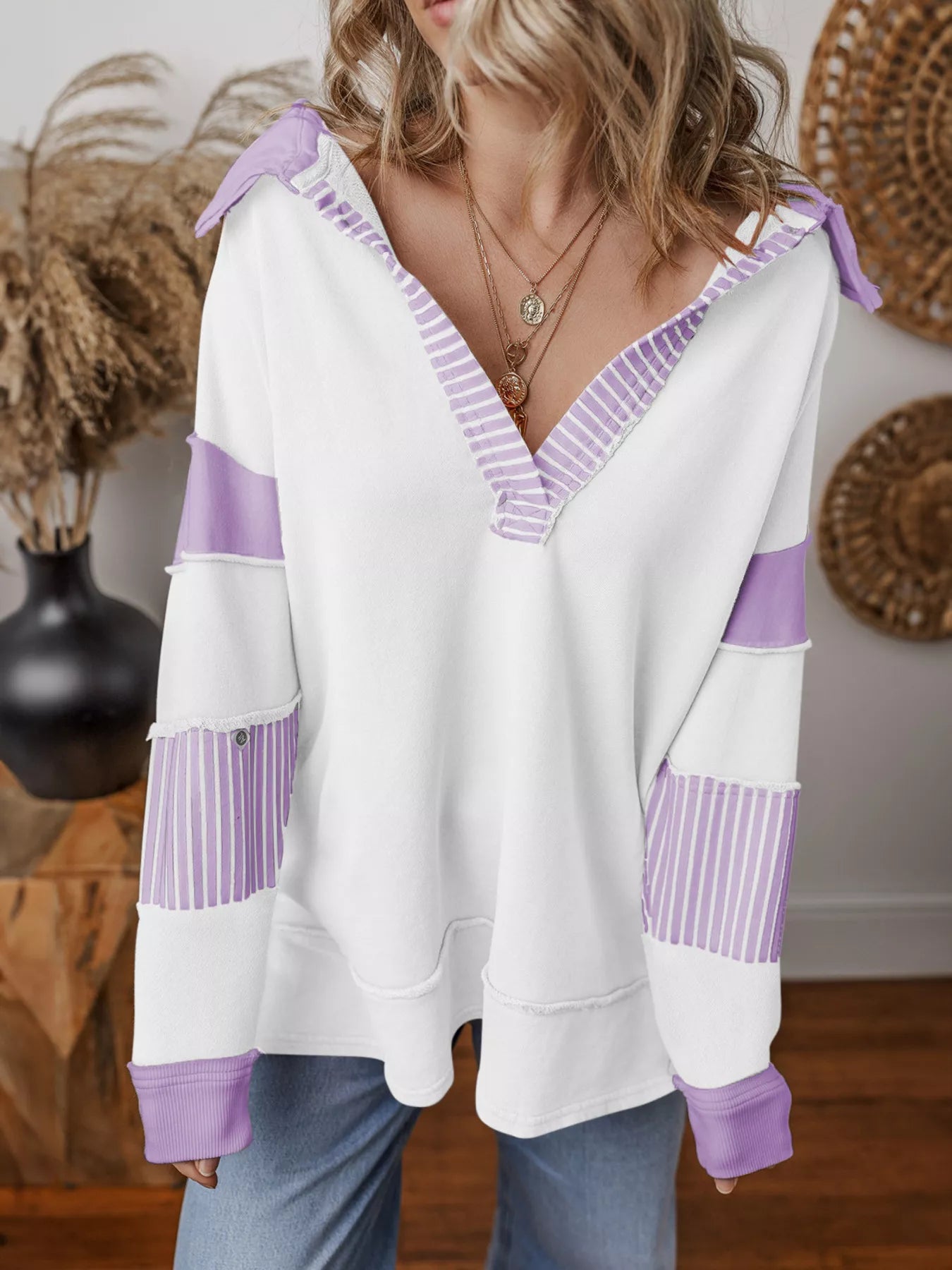 Striped Color Block Long Sleeve Sweatshirt Pink Purple OutfitFlow