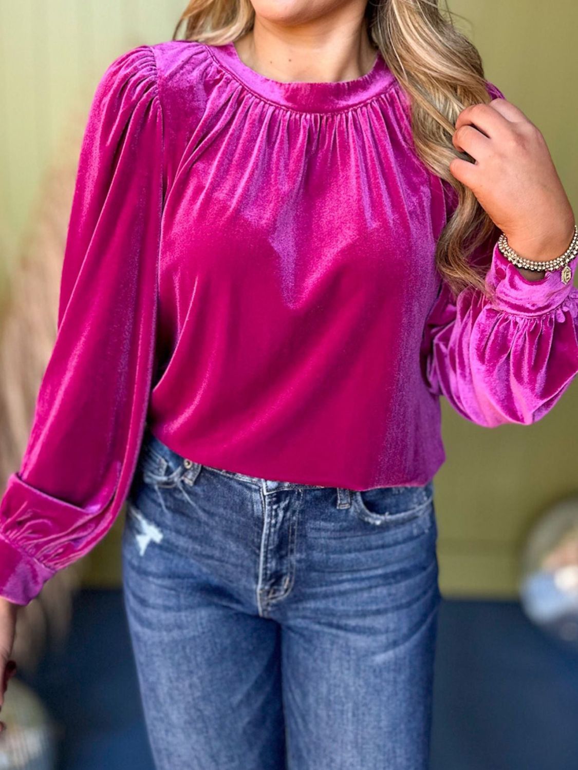 Outfit Flow - Ruched Round Neck Long Sleeve Blouse