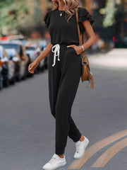 Ruffle Sleeve Drawstring Waist Casual Jumpsuit OutfitFlow