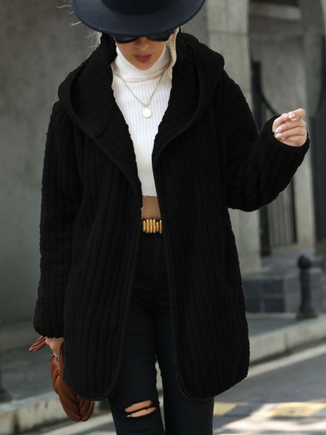 Open Front Ribbed Hooded Coat Black Trendsi