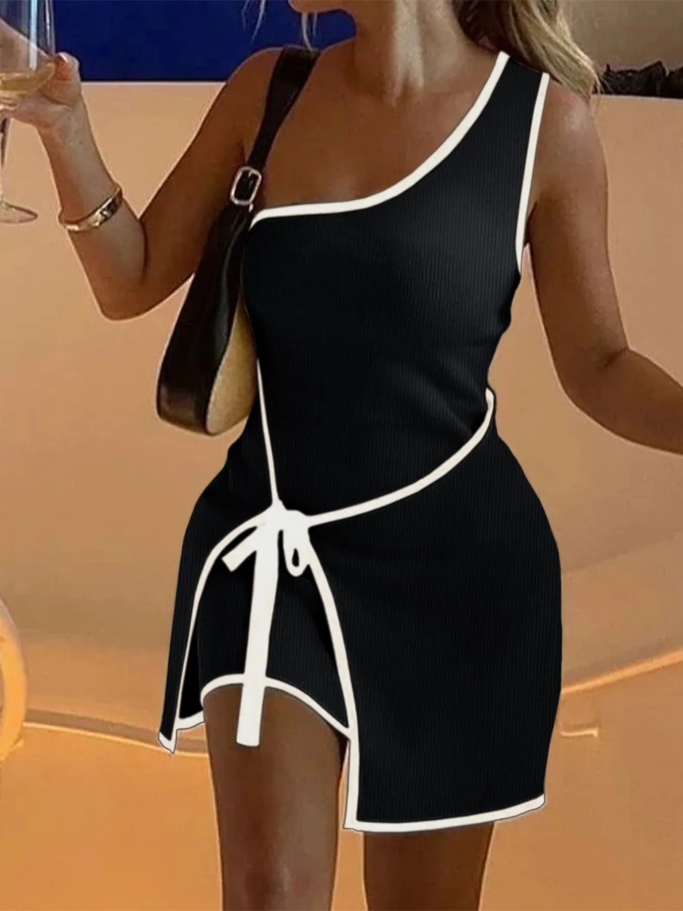 Contrast Trim Single Shoulder Mini Dress Black OutfitFlow