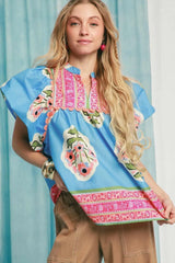 Umgee Floral Notched Puff Sleeve Blouse OutfitFlow