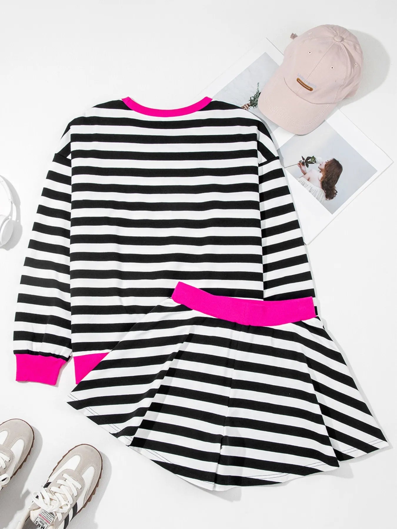 Stripe Contrast Ribbed Banding Long Sleeve Blouse and Loose Shorts Set OutfitFlow
