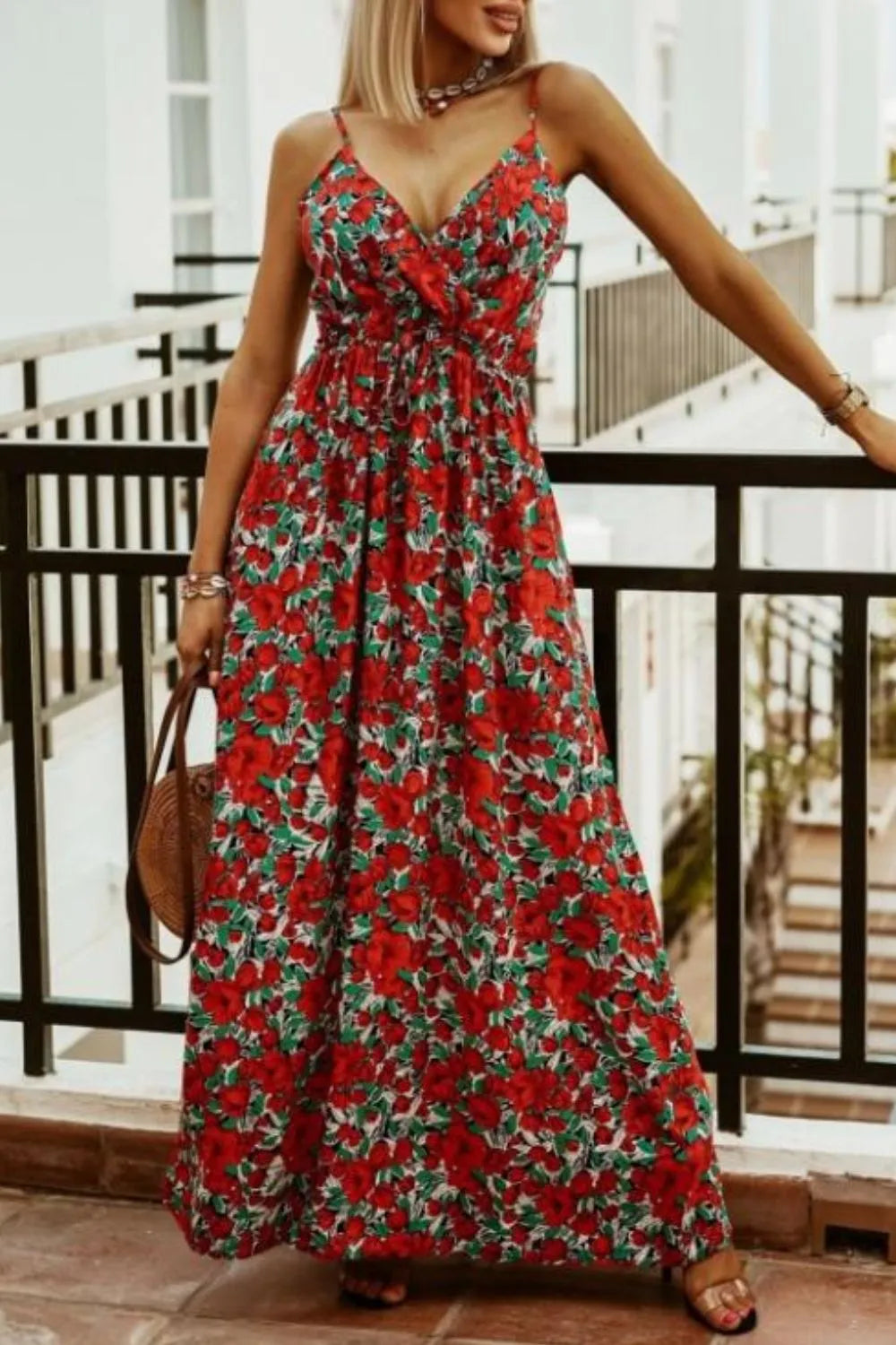 Printed Spaghetti Strap Maxi Dress OutfitFlow