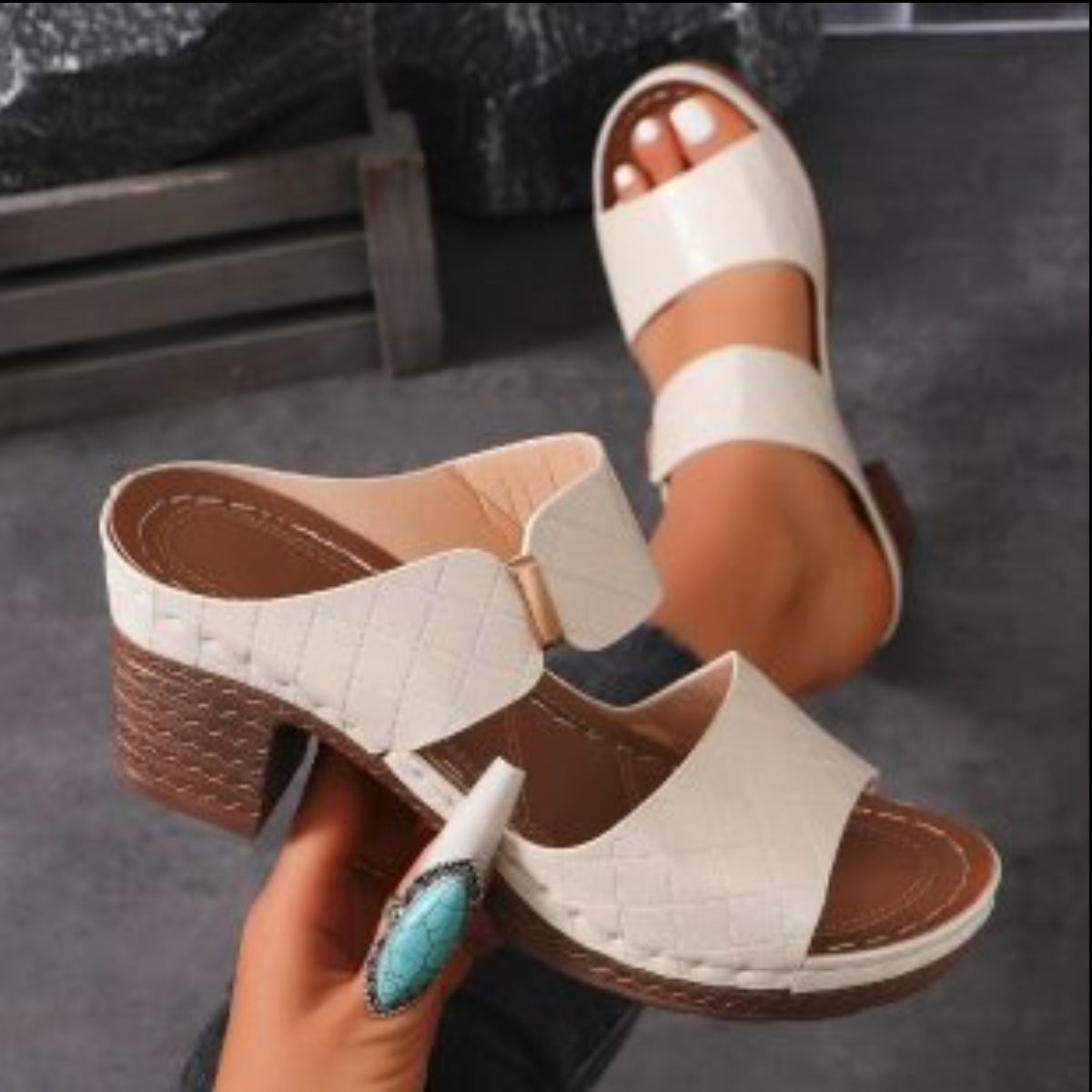 Open Toe Block Heels Sandals White OutfitFlow