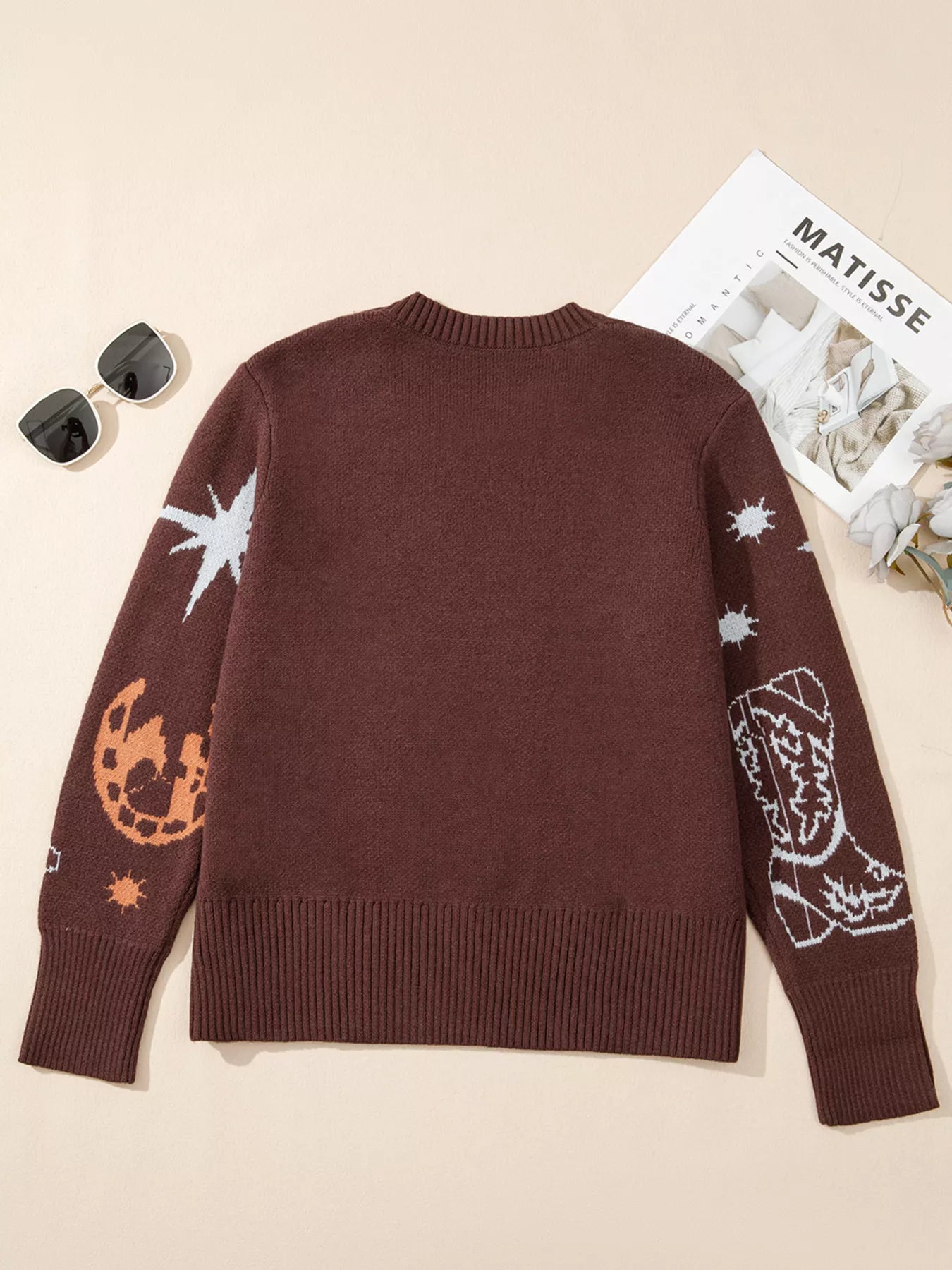 Cowgirl Round Neck Casual Sweater OutfitFlow