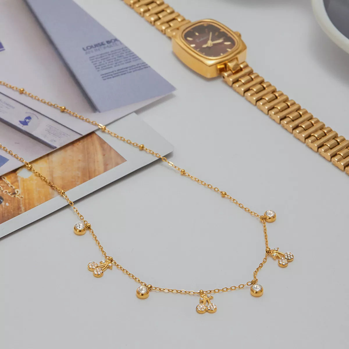 18K Gold-Plated Zircon Cherry Necklace OutfitFlow