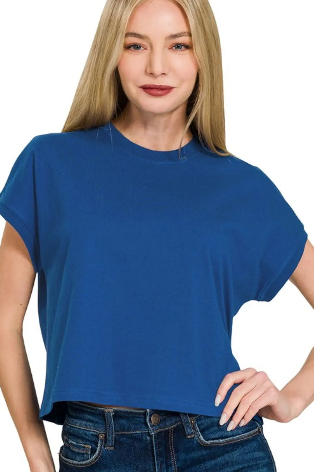 Zenana Premium Cotton Relaxed Crop Tee LT NAVY OutfitFlow