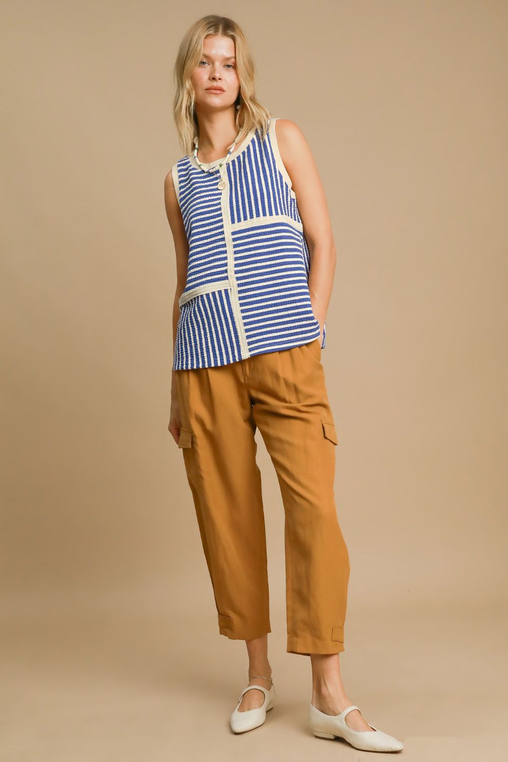 Outfit Flow - Umgee Round Neck Texture Striped Tank