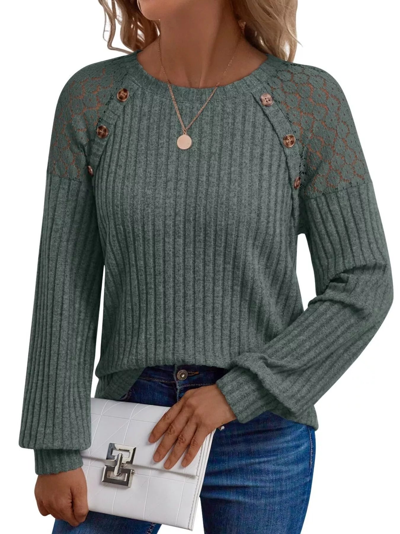 Ribbed Knit T-Shirt with Lace Shoulder Detail Olive Green OutfitFlow