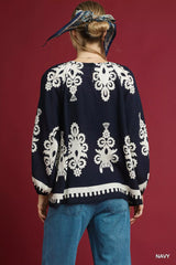 Umgee Two Tone Border Print Top with Balloon Sleeves Trendsi