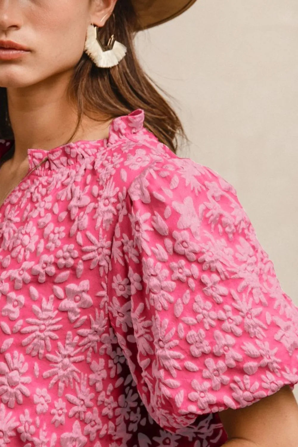 BiBi Floral Pattern Texture Short Balloon Sleeves Ruffled Blouse OutfitFlow