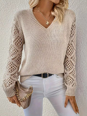 Openwork V-Neck Long Sleeve Sweater OutfitFlow