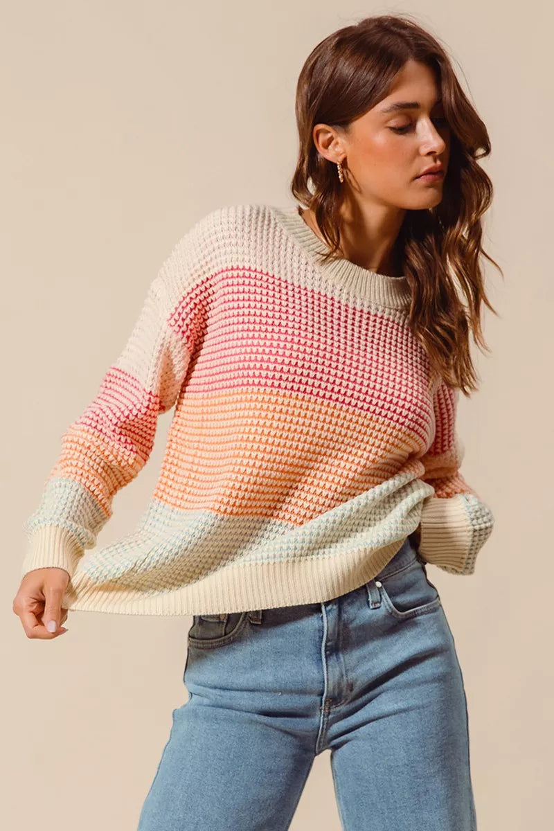 SO ME Multi Color Block Long Sleeve Sweater OutfitFlow