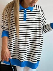 Striped Polo Collar Long Sleeve Sweatshirt OutfitFlow