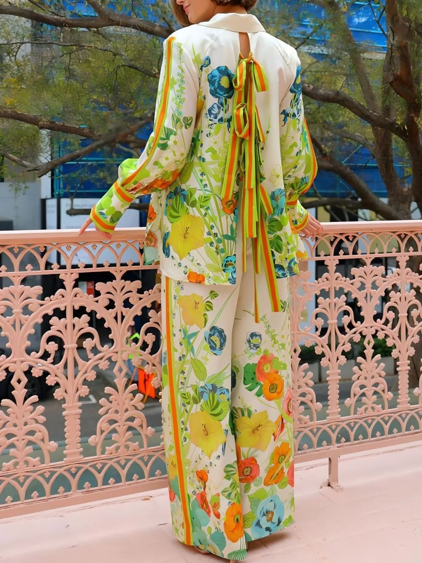 Printed Tie Back Shirt and Pants Set OutfitFlow