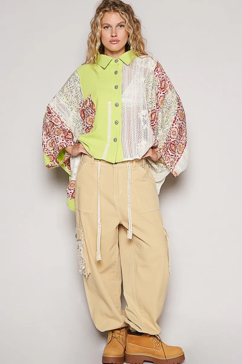 POL Thermal and Crochet Lace Mix Shirt with Floral Pattern Trendsi
