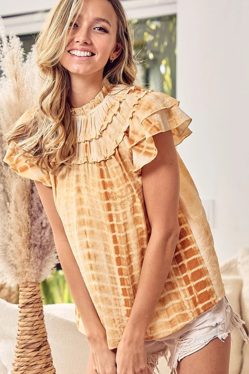 BiBi Tiered Ruffle Neck Tie Dye Top OutfitFlow