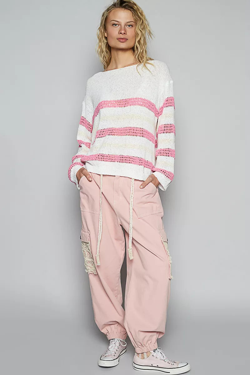 POL Striped Openwork Round Neck Knit Top Trendsi