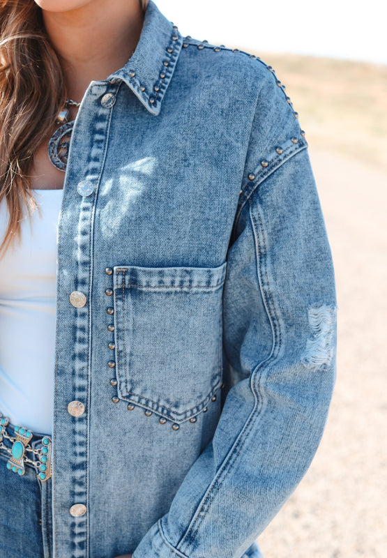 Outfit Flow - Studded Acid Wash Long Sleeve Denim Jacket