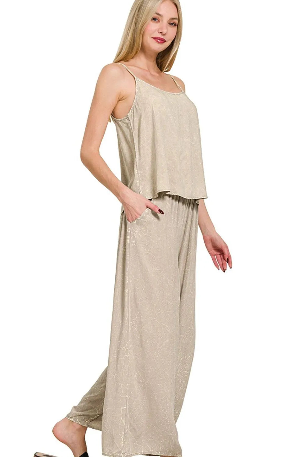 Zenana Woven Acid Crinkle Washed Cami & Pants 2 Piece Set OutfitFlow