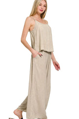 Zenana Woven Acid Crinkle Washed Cami & Pants 2 Piece Set OutfitFlow