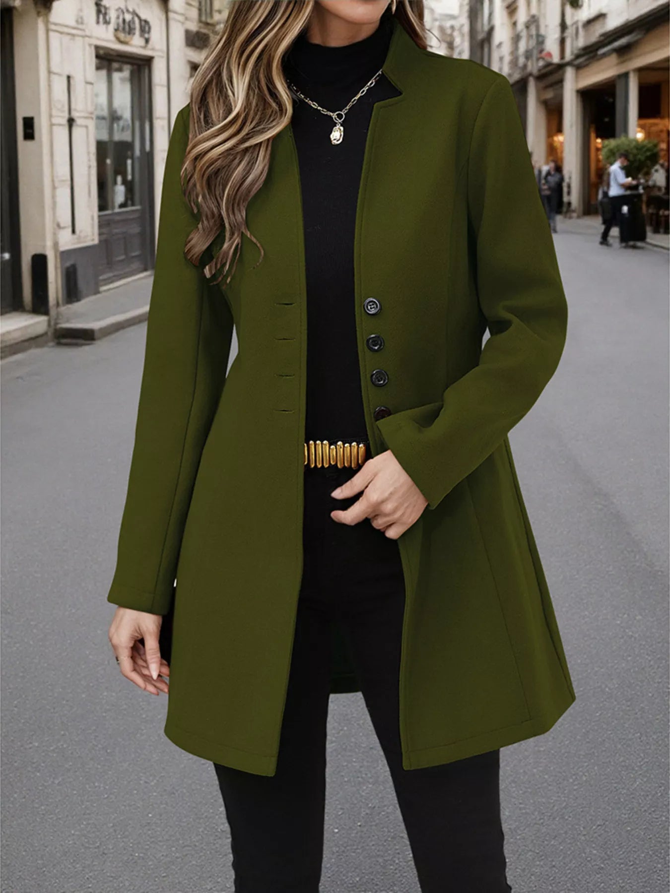 Button Up Long Sleeve Coat Army Green Trendsi