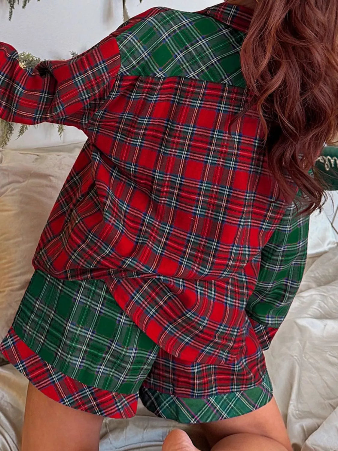 Plaid Contrast Patched Christmas Holiday Long Sleeve Shirt and Short 2pcs Pajama Set OutfitFlow