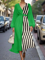 Color Block Striped Long Sleeve Midi Dress Green OutfitFlow