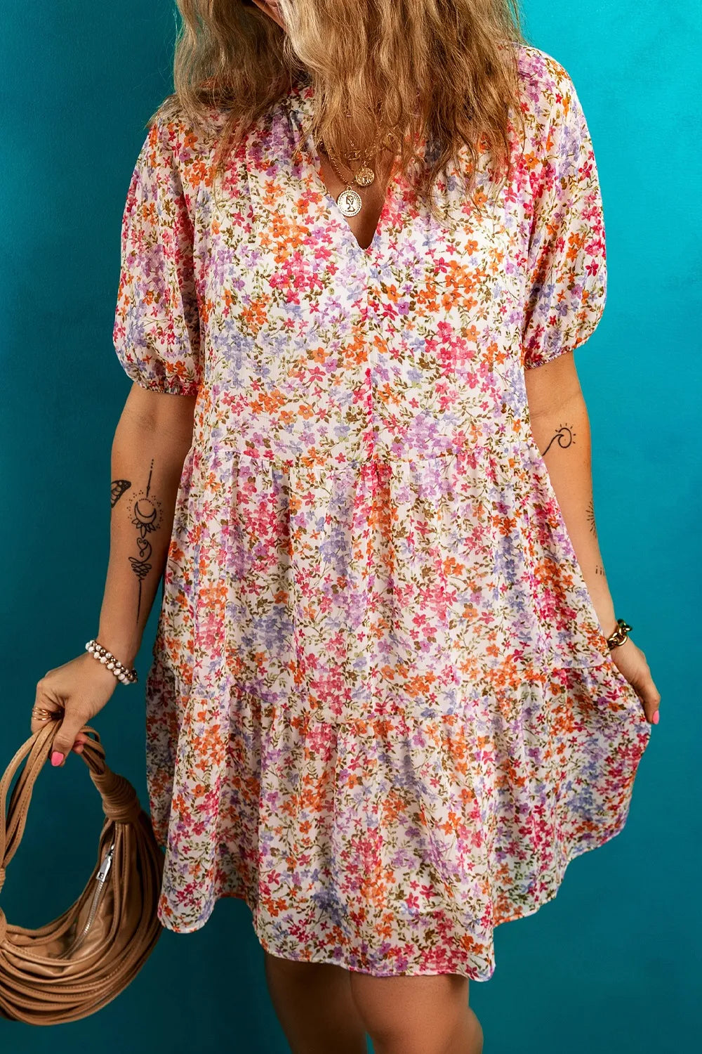 Floral Puff Sleeve Notched Tiered Mini Dress OutfitFlow