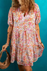 Floral Puff Sleeve Notched Tiered Mini Dress OutfitFlow