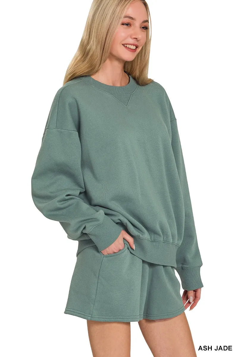 Zenana Fleece Long Sleeve Sweatshirts & Shorts Set OutfitFlow