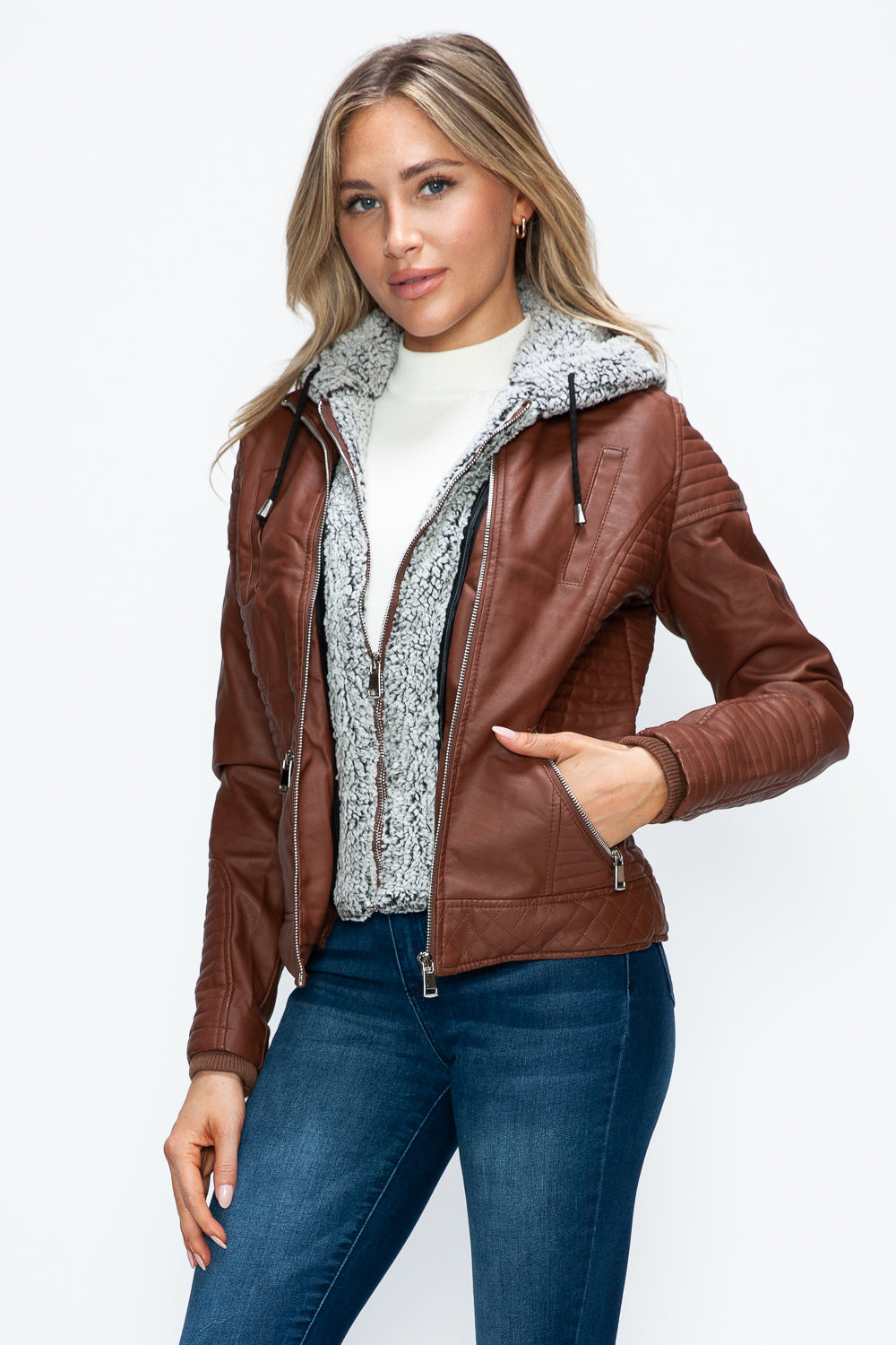 Outfit Flow - YMI Faux Layered Double-Zipper Jacket with Fuzzy Hood