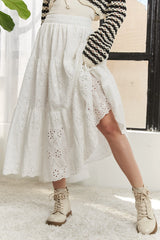 ADORA Elastic Waistband Tiered Midi Skirt White OutfitFlow