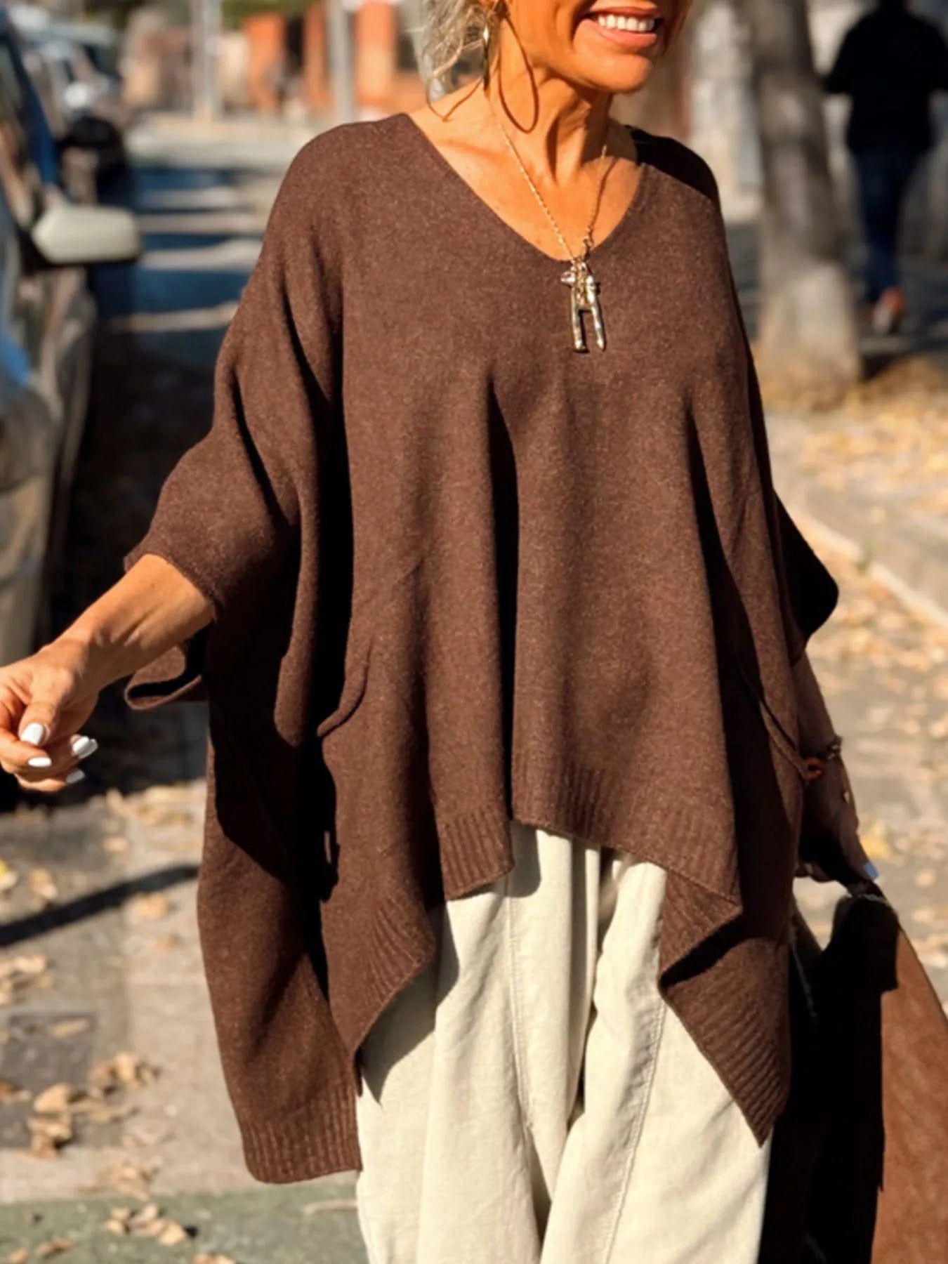 Ribbed Hem V-Neck Sweater Coffee Brown OutfitFlow
