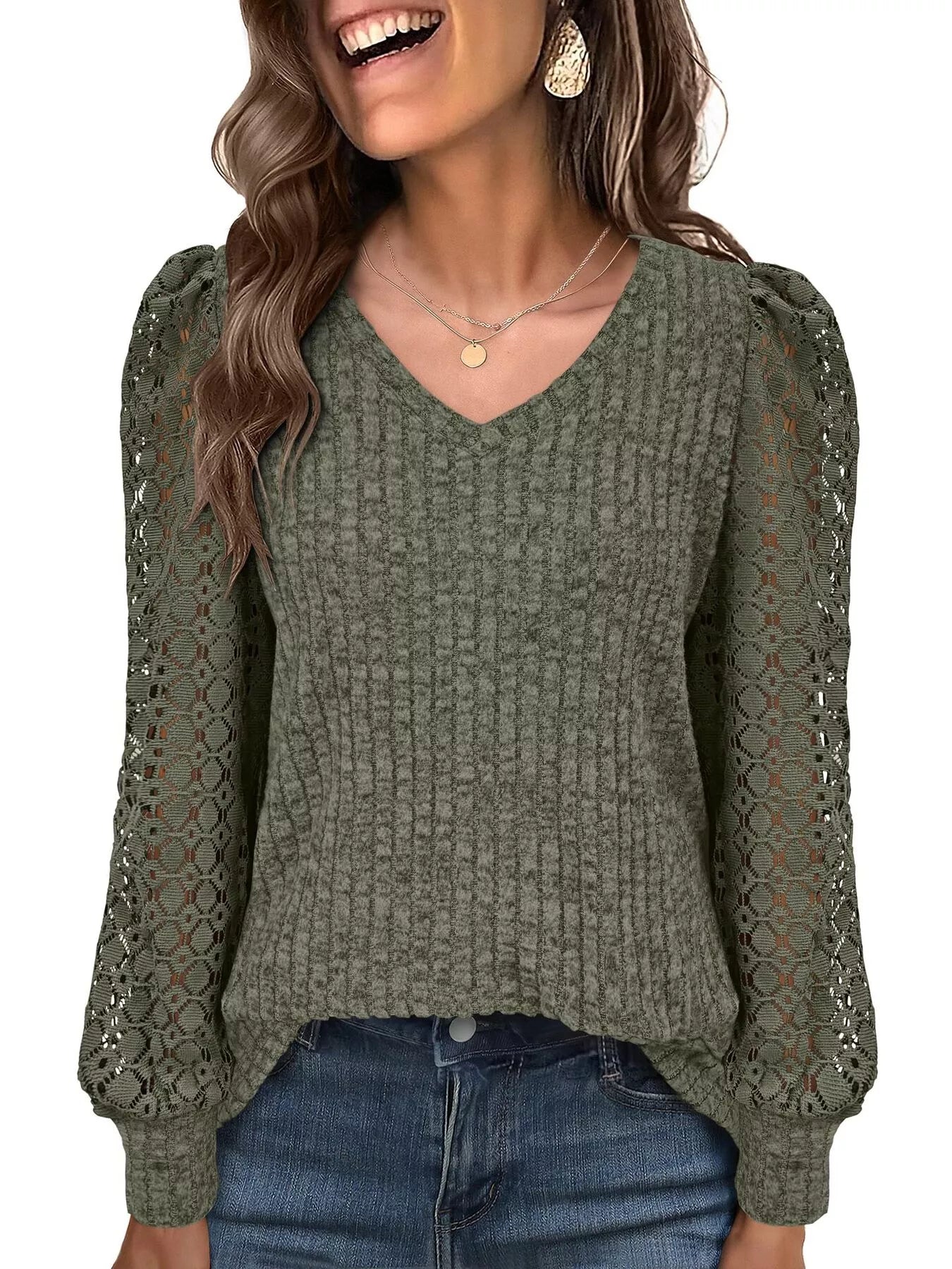 Lace Sleeve V-Neck T-Shirt OutfitFlow