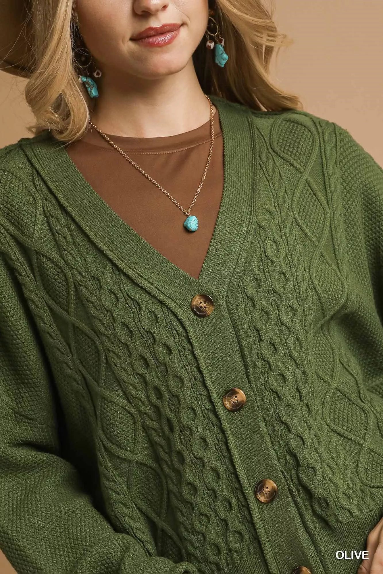 Umgee Chunky Cable Knit V-Neck Button-Up Cardigan OutfitFlow