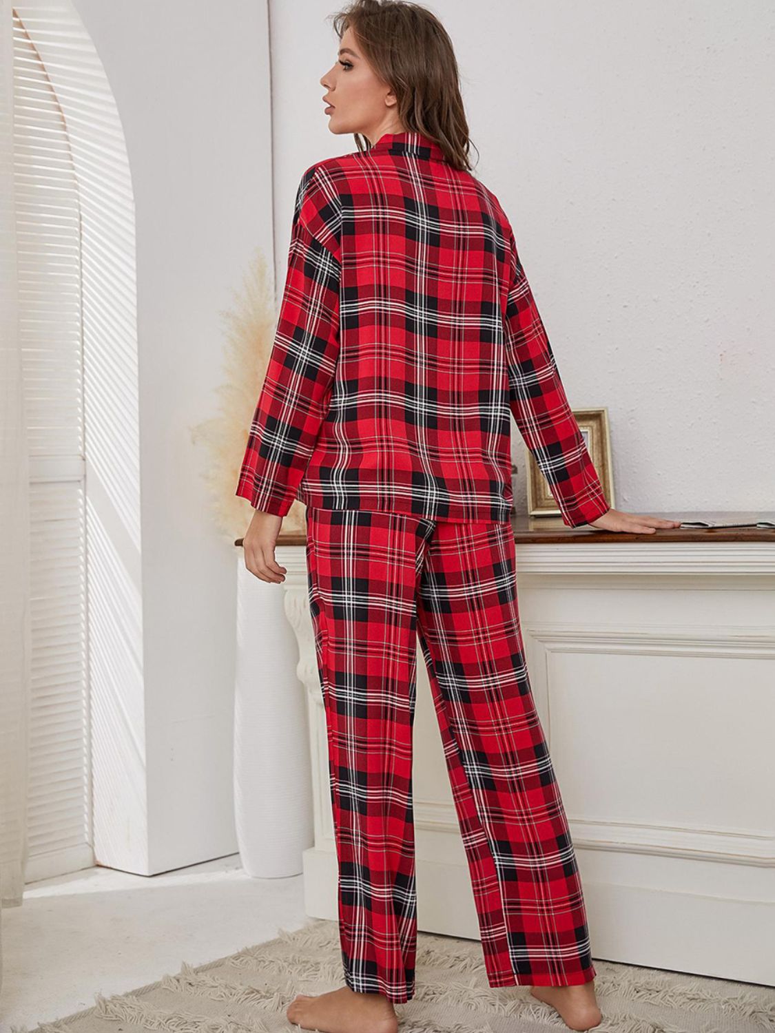 Outfit Flow - Plaid Collared Neck Long Sleeve Top and Pants Lounge Set