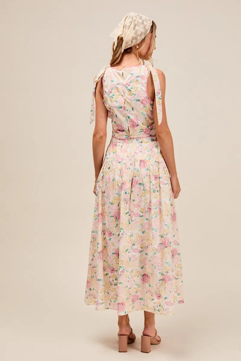 SO ME Floral Printed Woven Shoulder Bow Tie Top and Skirt Set OutfitFlow