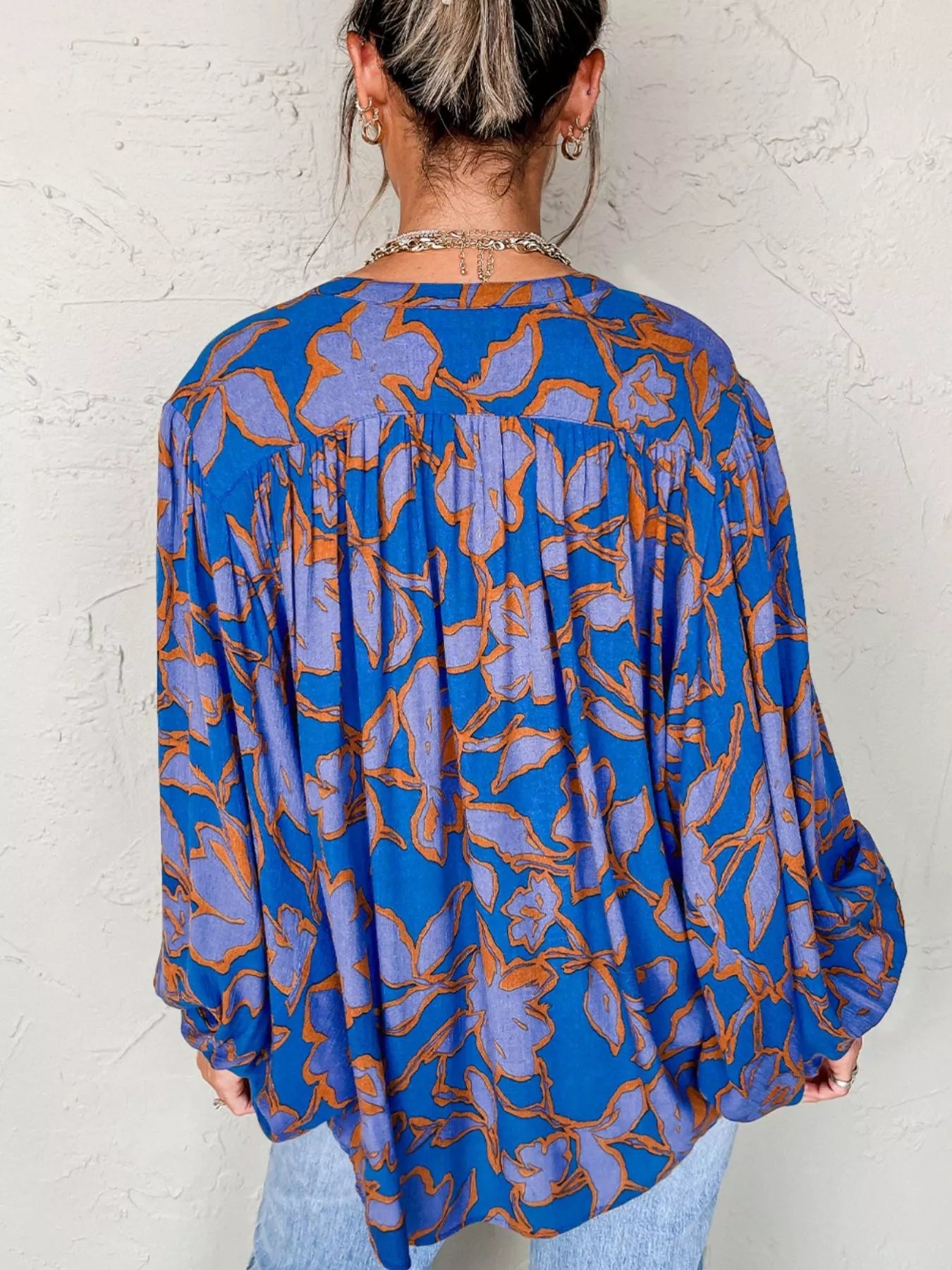 Floral Print Batwing Sleeve Buttoned Loose Fit Shirt OutfitFlow