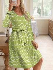 Wave Print Long Sleeve Tie Waist Dress OutfitFlow