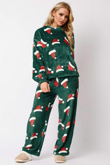 Outfit Flow - Christmas Hat Pattern Round Neck Long Sleeve Top and Pants Set