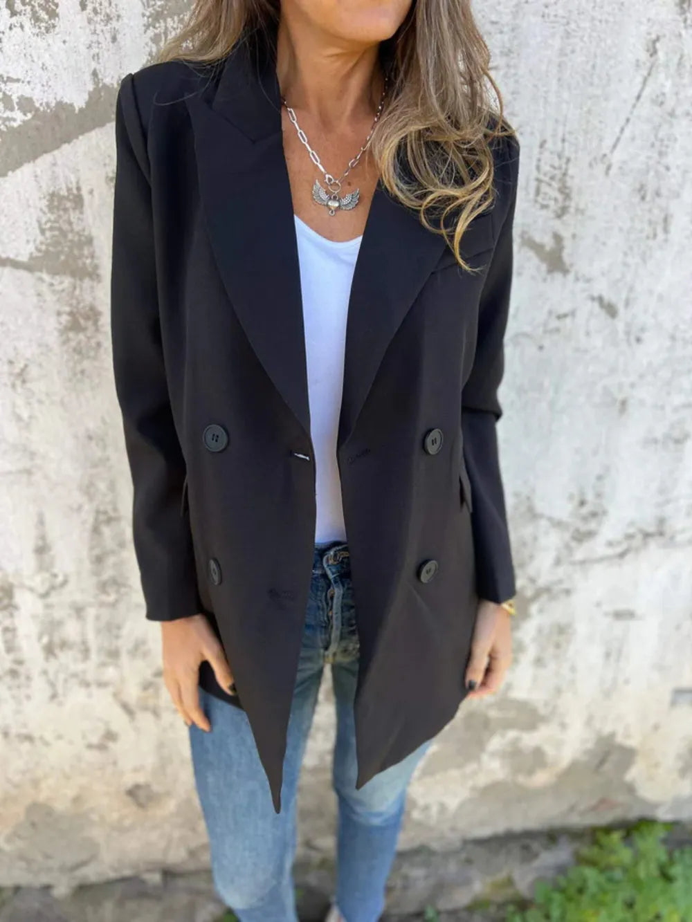 Full Size Collared Neck Long Sleeve Blazer Black OutfitFlow