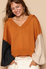 Outfit Flow - POL Exposed Seam Roll Edge Color Block V Neck Sweater