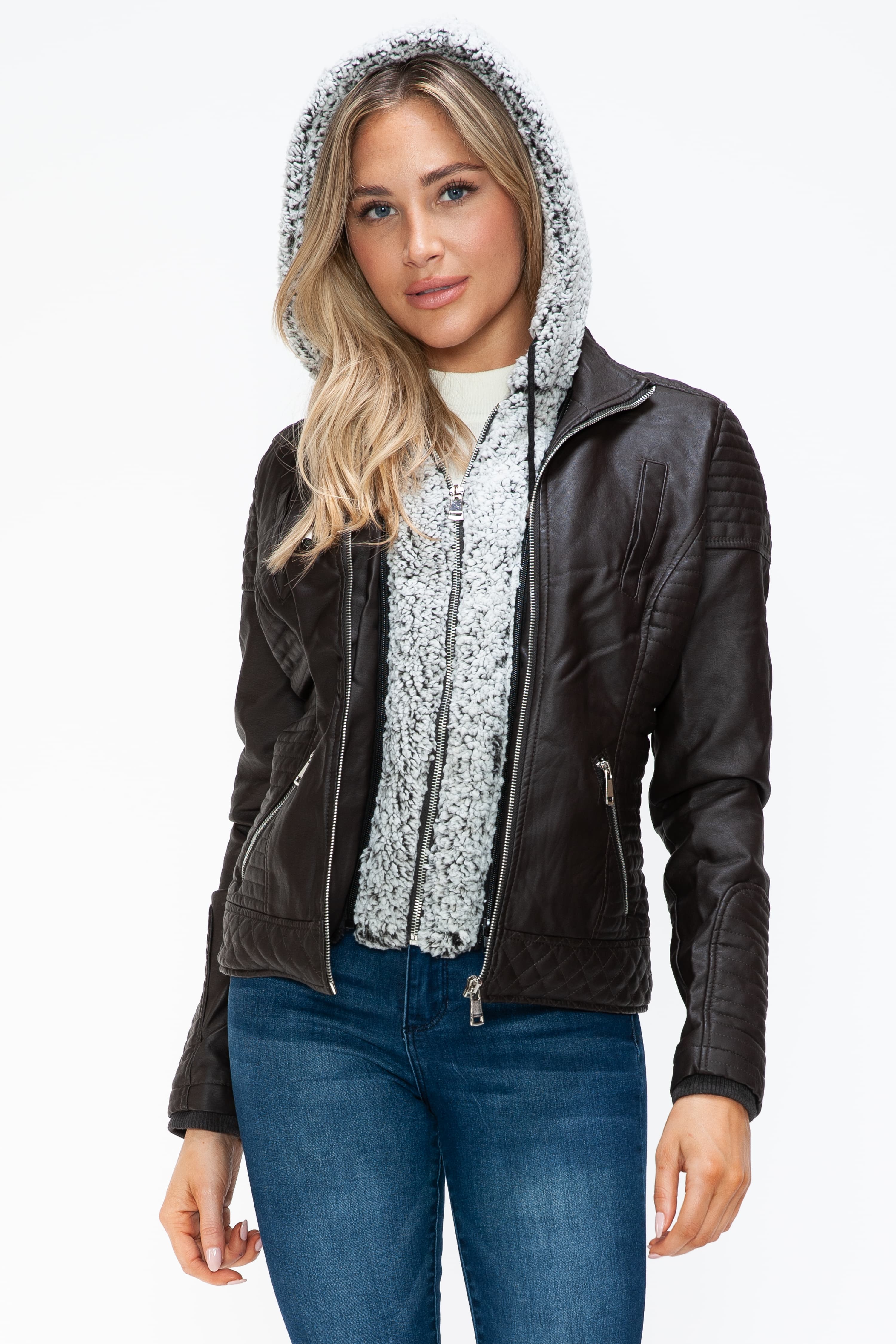 Outfit Flow - YMI Faux Layered Double-Zipper Jacket with Fuzzy Hood