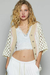 POL Button Down V-Neck Jacket with Printed Woven Patchwork CREAM MULTI OutfitFlow