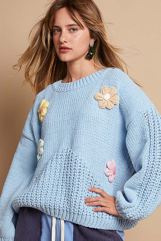 Outfit Flow - POL Crochet Flower Round Neck Dropped Shoulder Sweater