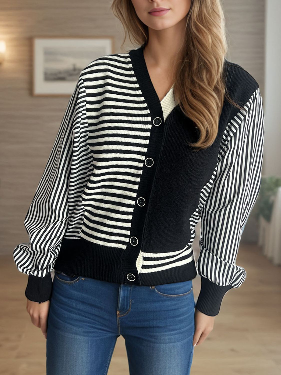 Outfit Flow - Striped Button Down Long Sleeve Cardigan